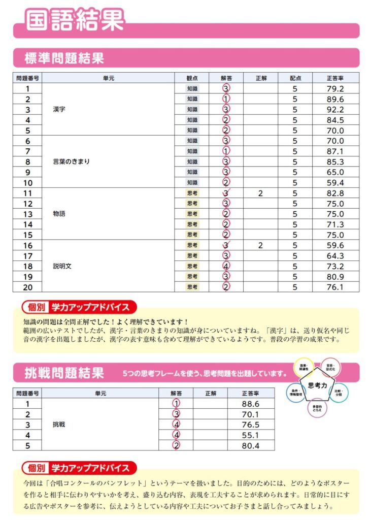 進研ゼミ小学講座　実力診断結果国語